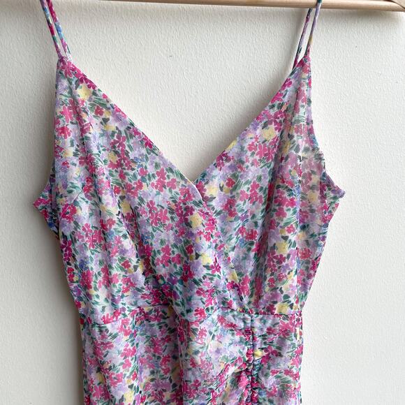 NWT BCBGeneration Ditsy Floral Mesh Ruched Mini Dress Preppy Pink Purple Size 2 - Picture 11 of 14